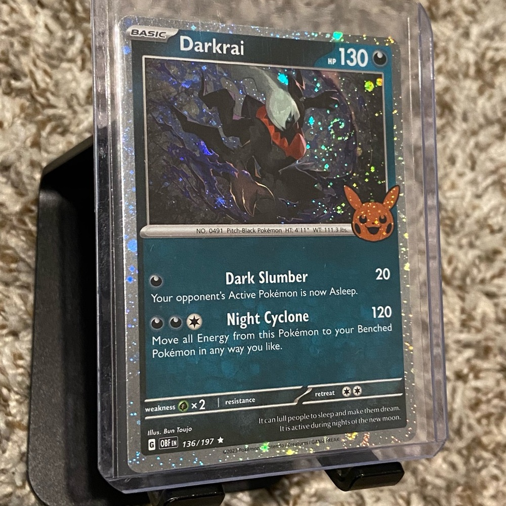 POKEMON Darkrai Swirls Cosmos Holo Trick Or Trade Pikachu Stamp TCG Card